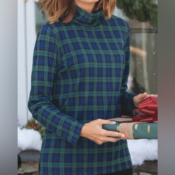Appleseed's Sweaters - Appleseeds - NEW - Black Watch Plaid Mock Turtleneck with side button detail. L